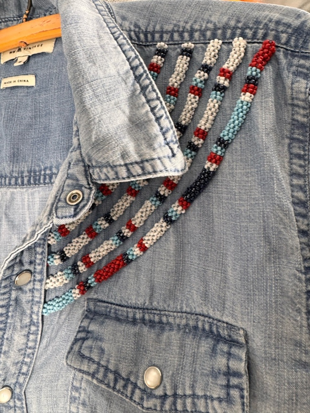 Vintage Light Blue MM western Pearl snap shirt with beaded shoulders Med medium